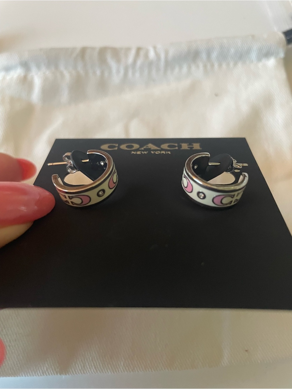 Coach Pink and Cream Enamel Small Hoop Earrings